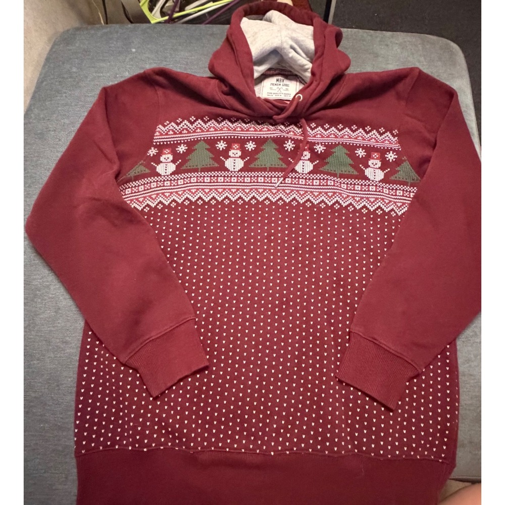 MBX Premium Goods Mens XL Burgundy Fair Isle‎ Snowman Christmas Holiday Hoodie